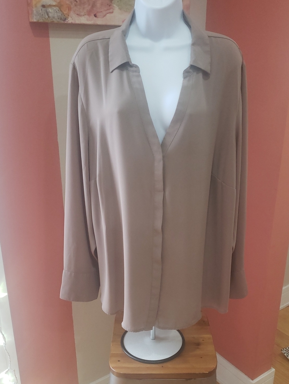 Worthington Taupe V-Neck Collared Long Sleeve Blouse, 3X